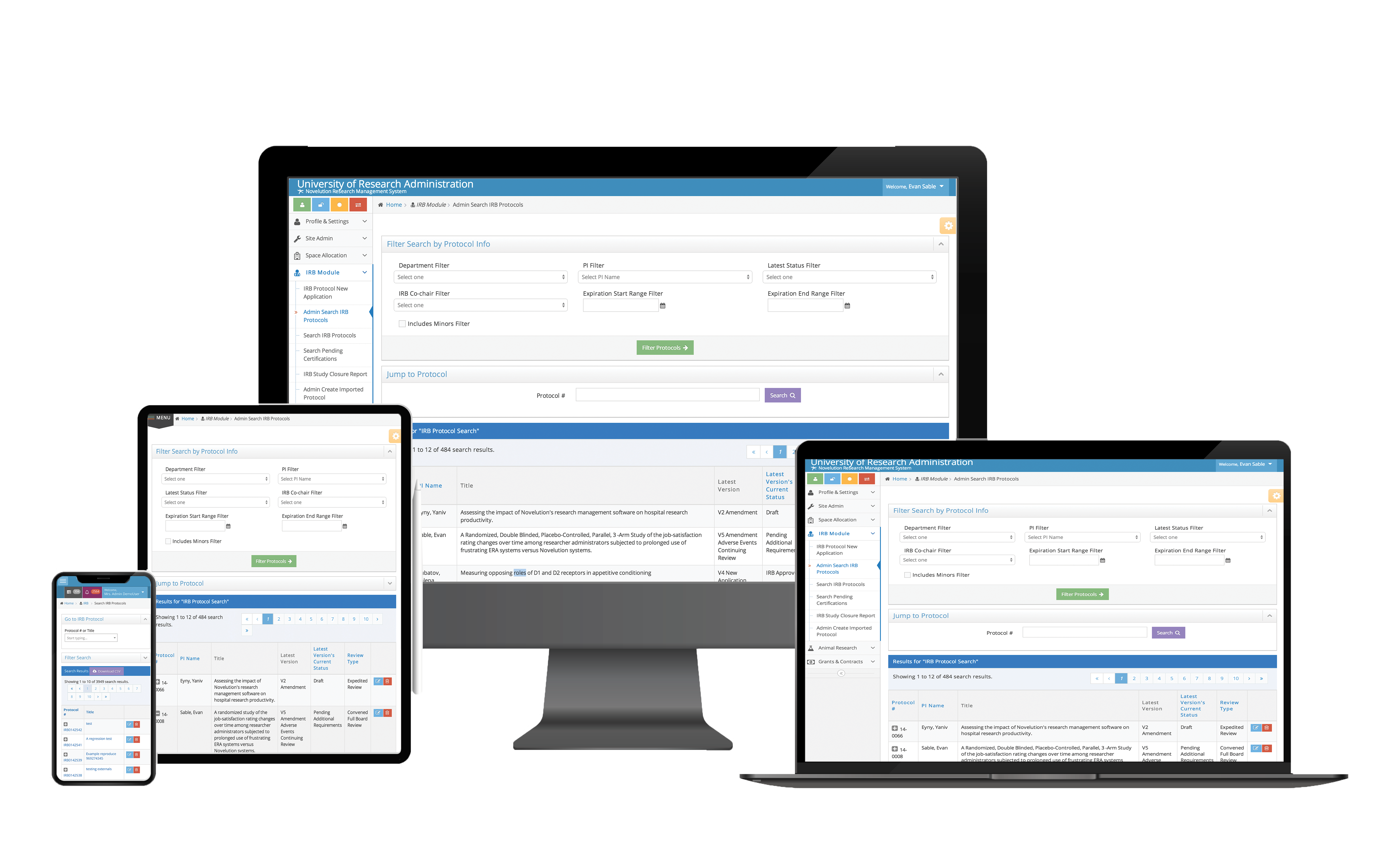 The Novelution research administration system shown on a desktop monitor, laptop, tablet and phone